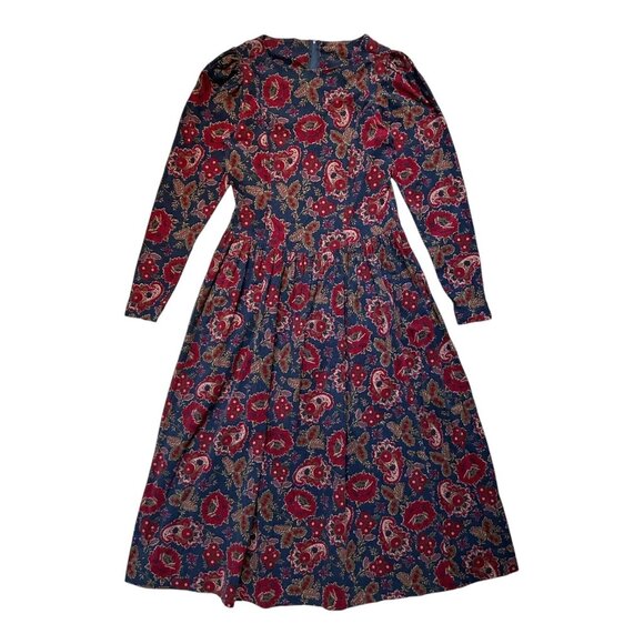 80s Vintage Laura Ashley Dress Corduroy Floral Paisley Puff Long Sleeve Maxi. - Picture 4 of 9
